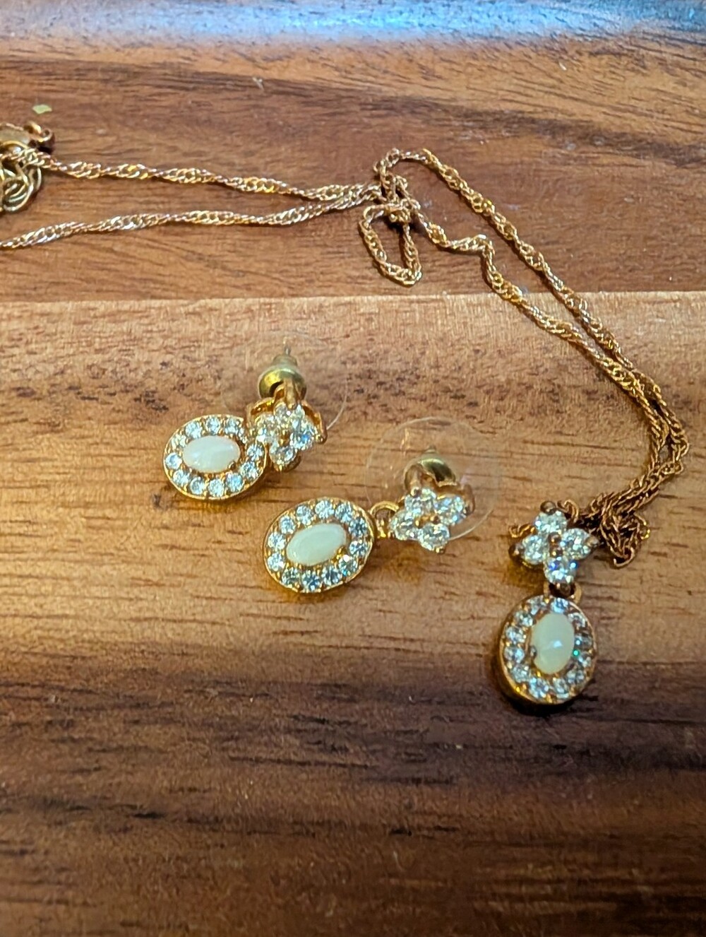 Gold Opal and Crystal Drop Necklace & Earrings Set